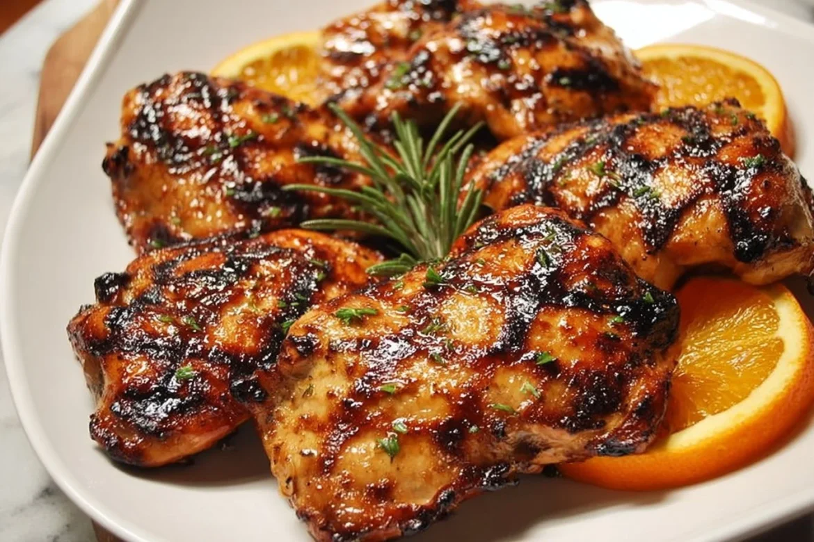 Grilled Orange Honey Chicken garnished with fresh herbs on a plate
