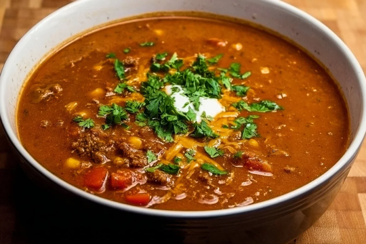 Bowl of Ground Beef Enchilada Soup garnished with cilantro and cheese