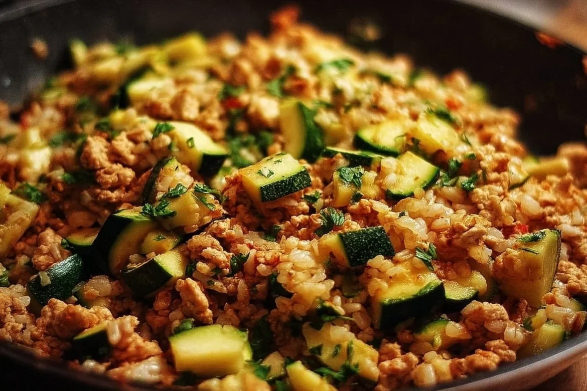 Ground Chicken Zucchini Rice Skillet dish garnished and ready to serve