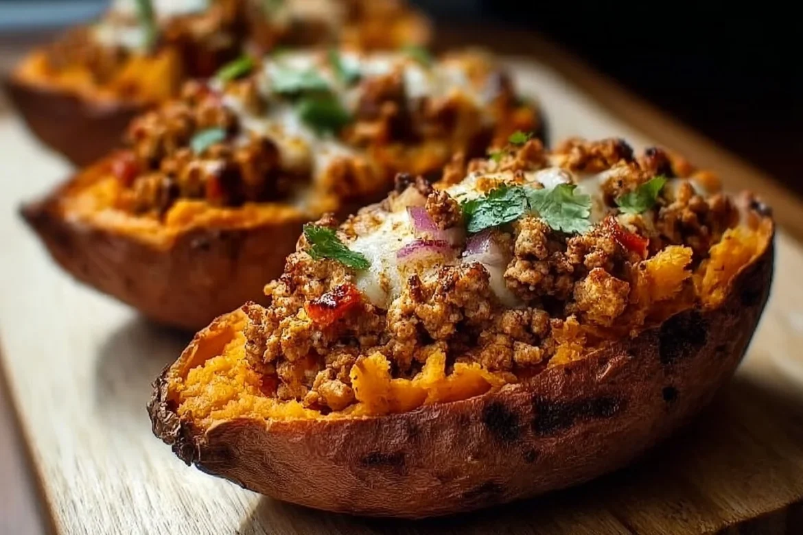 Ground turkey stuffed sweet potatoes served on a rustic wooden table