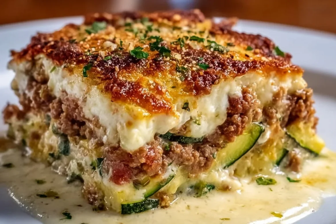 Healthy ground turkey zucchini casserole topped with cheese and herbs