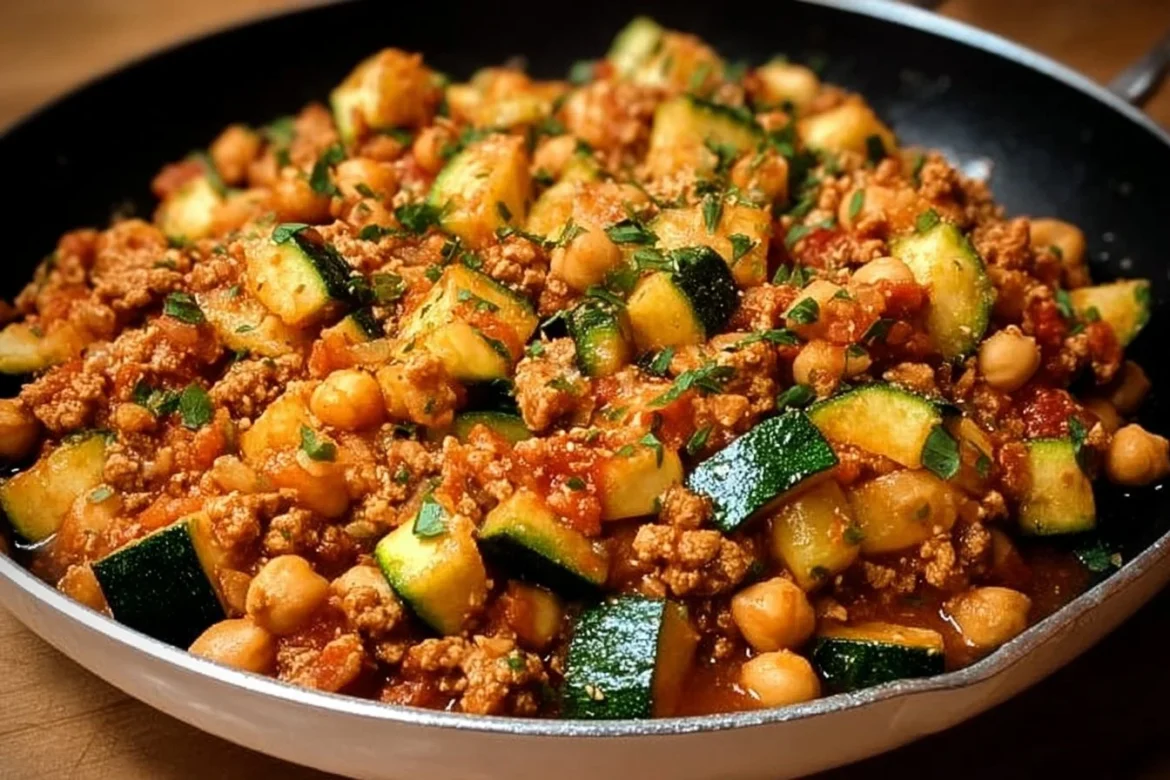 Ground turkey zucchini skillet with chickpeas and spices in a frying pan
