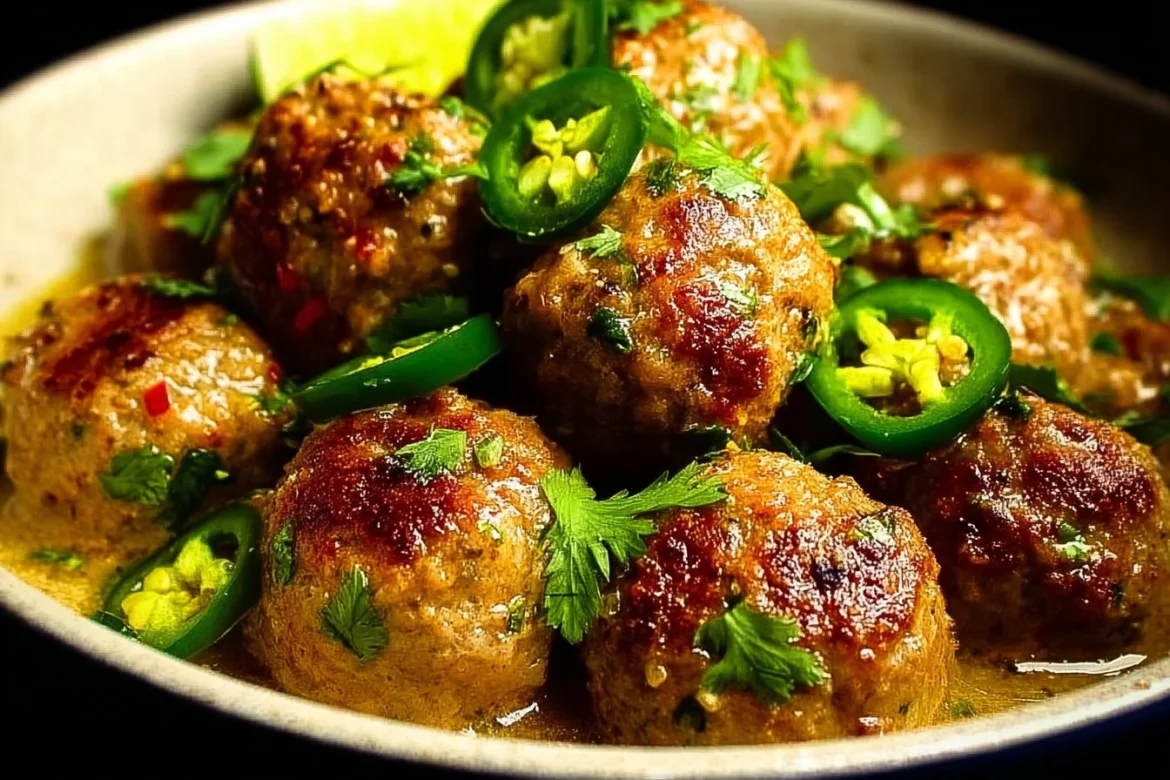 Delicious Hatch Chile Meatballs served on a plate with fresh garnish