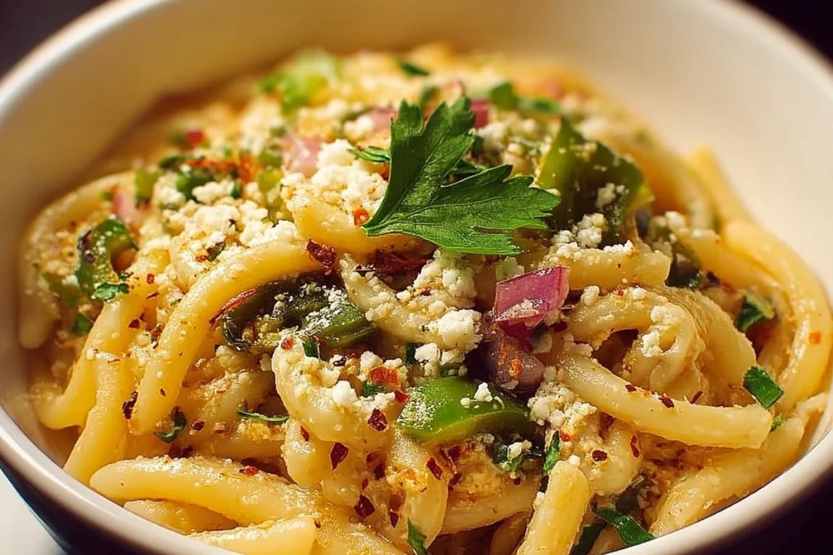 Delicious Hatch Chile Pasta garnished with fresh herbs.
