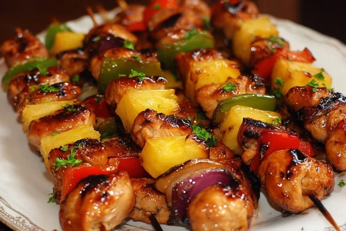 Grilled Hawaiian Chicken Kebabs with tropical vegetables and spices