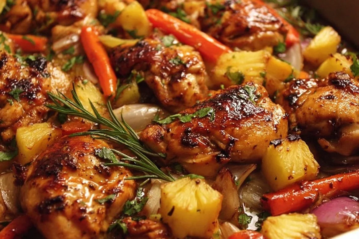 Hawaiian Chicken Sheet Pan dinner featuring vibrant vegetables and savory chicken.