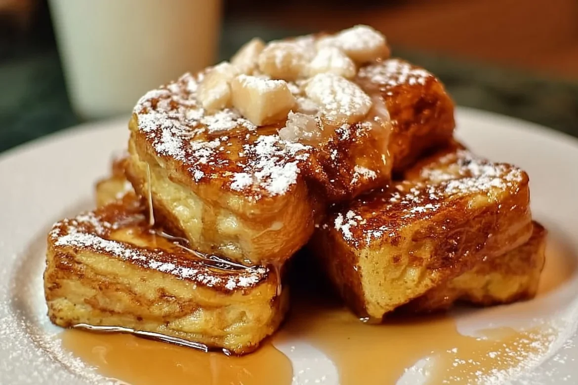 Delicious Hawaiian Roll French Toast served with syrup and fruit.