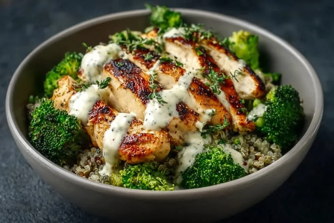 Healthy grilled chicken broccoli bowl with creamy garlic sauce