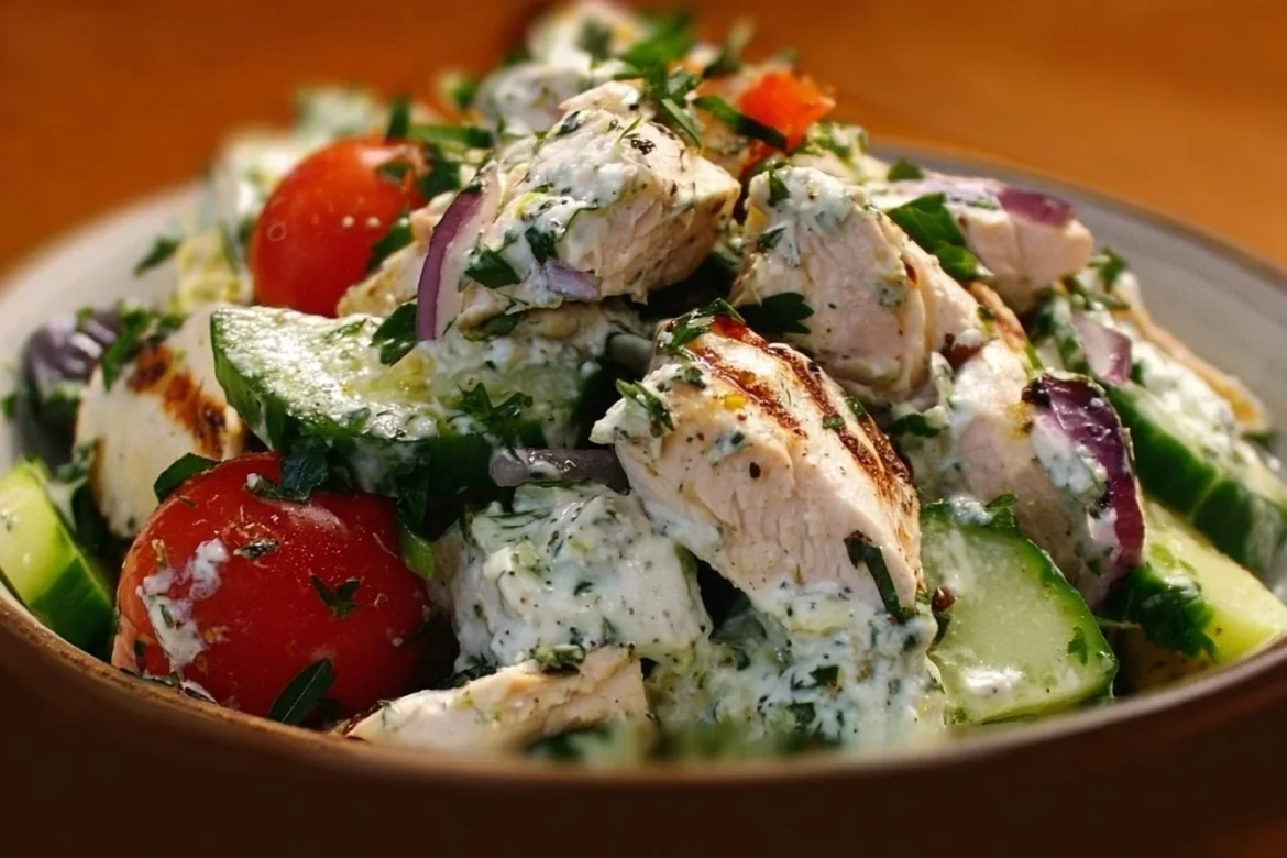 Healthy Mediterranean Tzatziki Chicken Salad with fresh ingredients
