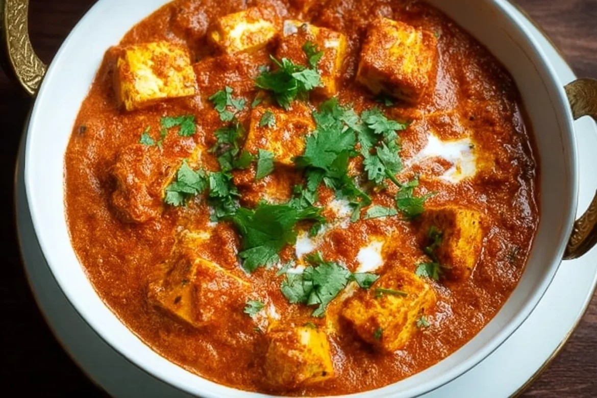 Bowl of healthy tofu tikka masala served with rice and garnish