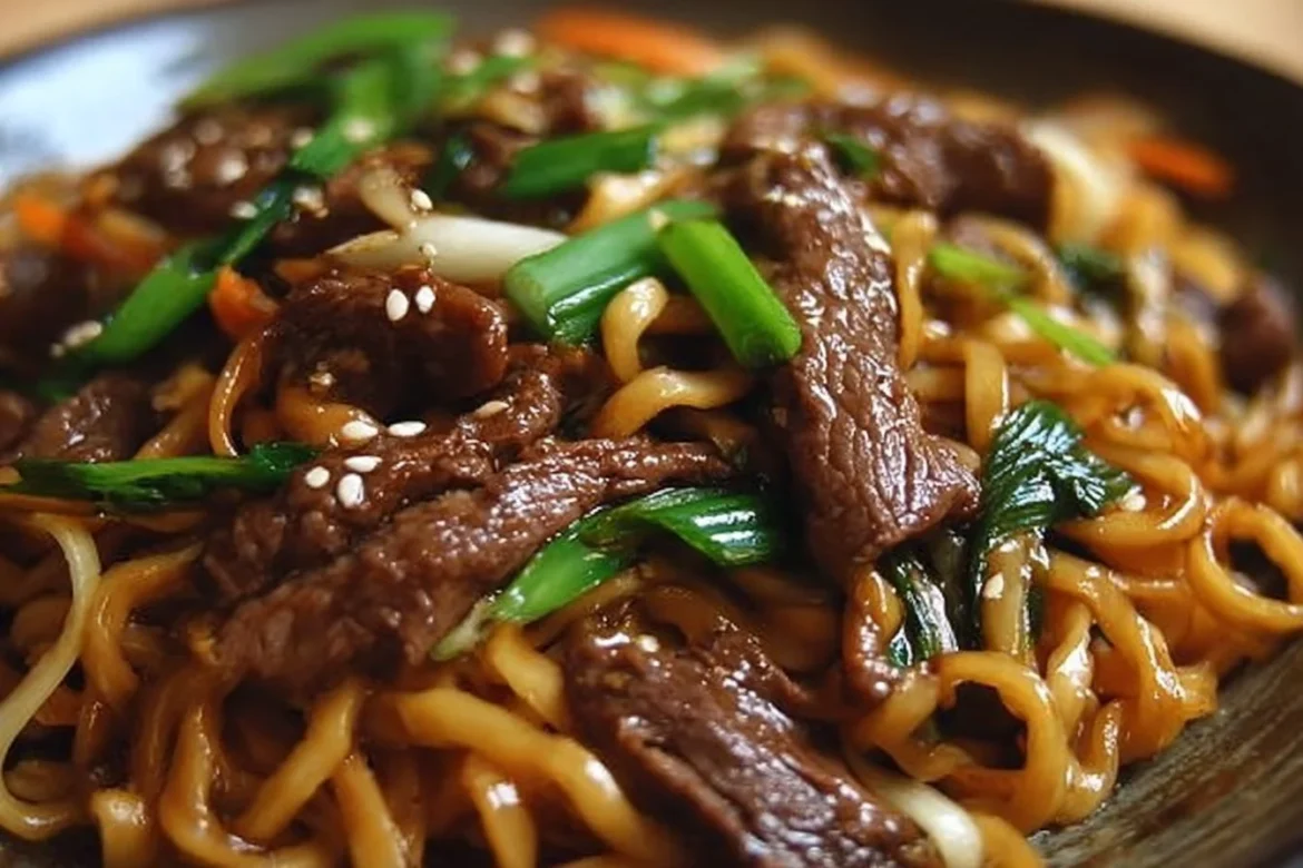 A bowl of flavorful Hoisin Beef Noodles garnished with fresh herbs.