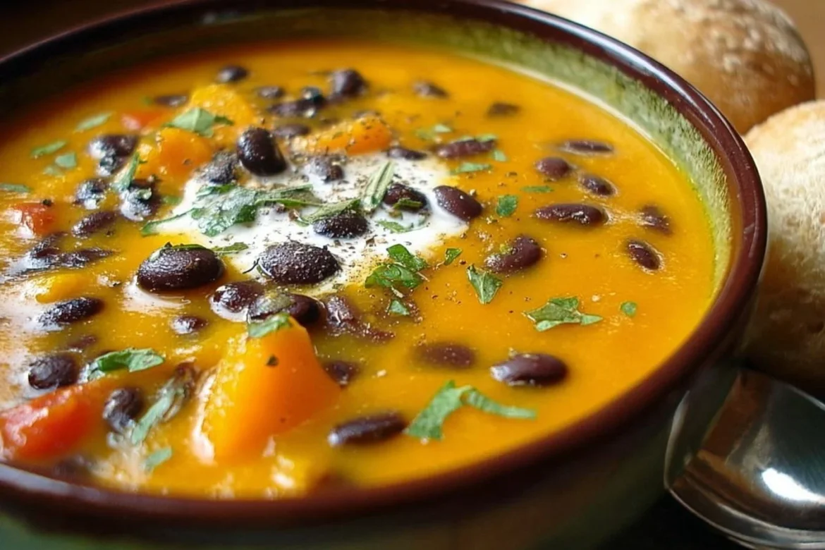 A bowl of homemade black bean pumpkin soup garnished with herbs