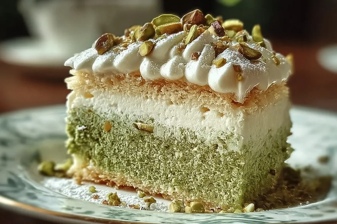 Delicious Pistachio Dacquoise Cake with layers of pistachio mousse and cream
