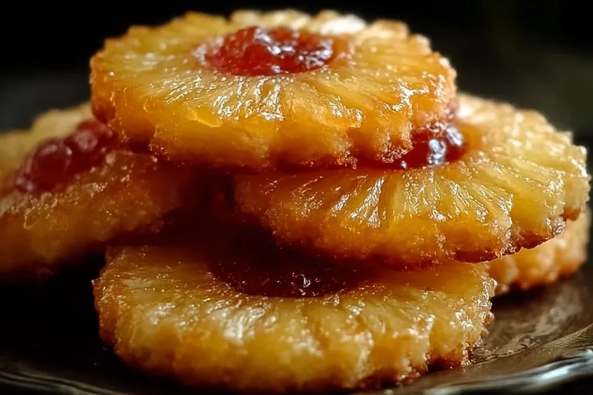 Gooey pineapple upside down sugar cookies on a plate, garnished with cherries.