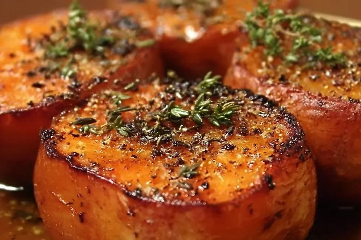 Baked melting sweet potatoes garnished for a rich and comforting dish.