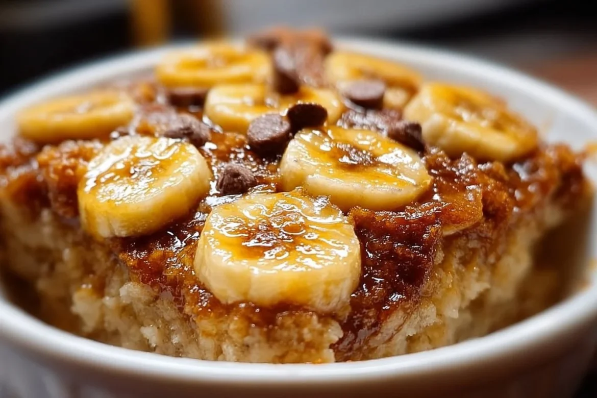 Delicious banana bread cobbler with a gooey topping ready to serve