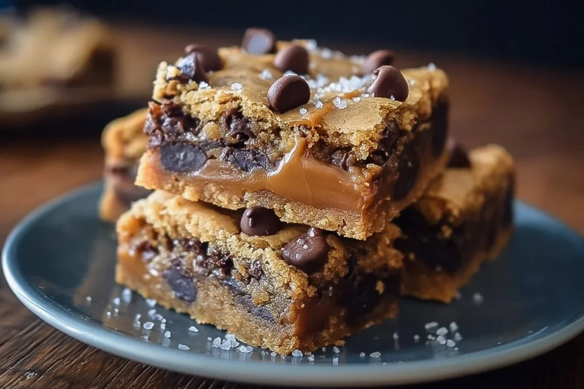 Delicious salted caramel chocolate chip cookie bars freshly baked and ready to enjoy.