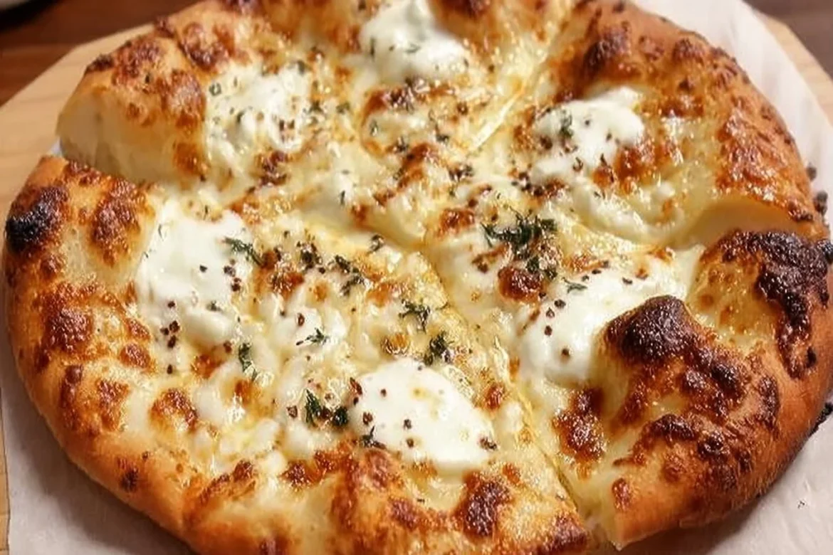 Creamy garlic white sauce pizza with fresh toppings and melted cheese
