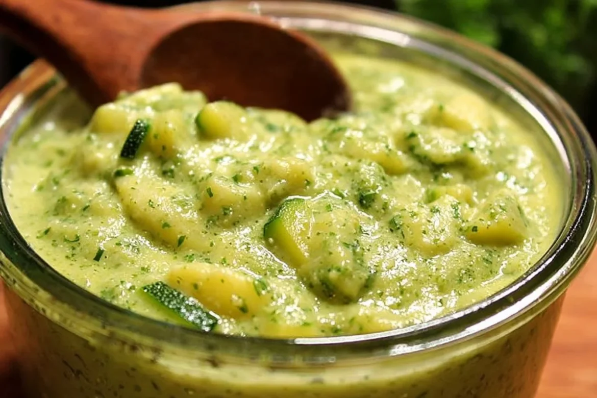 Bowl of irresistible zucchini sauce garnished with fresh herbs