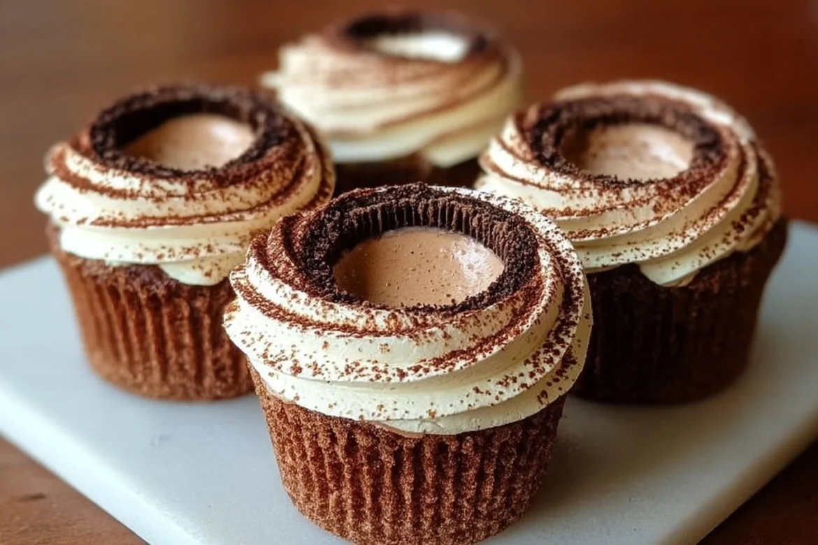 Decadent chocolate tiramisu cupcakes topped with creamy frosting
