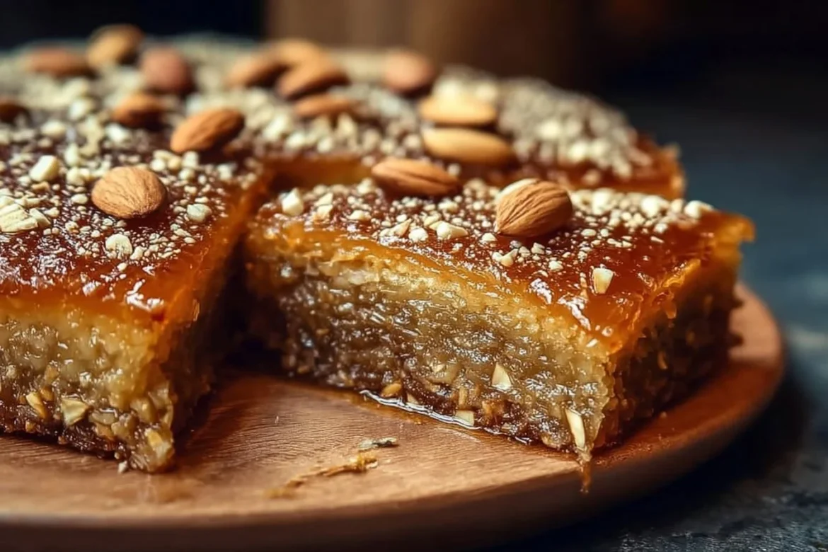 Moist baklava-inspired almond cake topped with nuts and honey syrup