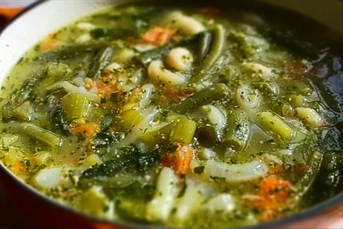 Delicious Italian green minestrone of vegetables served in a bowl