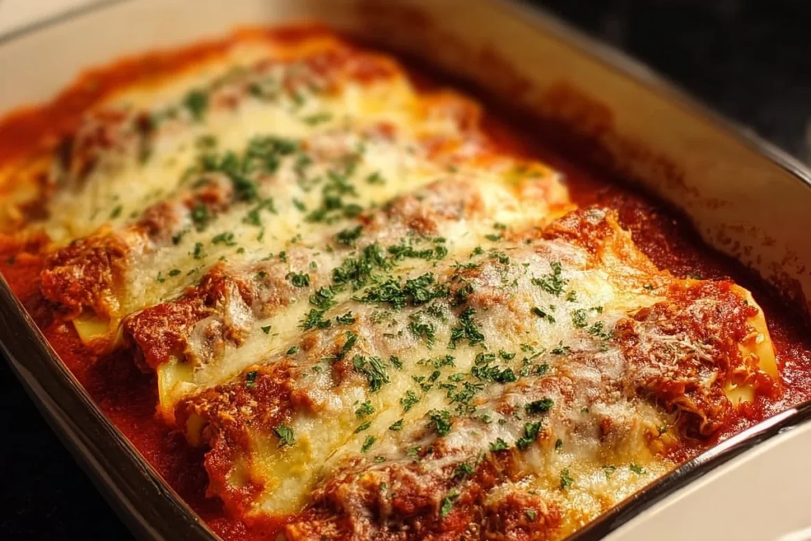 Italian Sausage Manicotti baked in marinara sauce with cheese