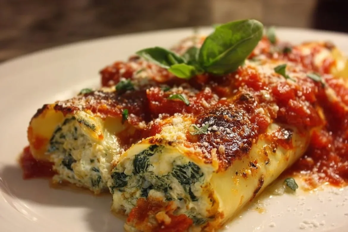 Plate of Spinach Ricotta Cannelloni garnished with herbs and sauce