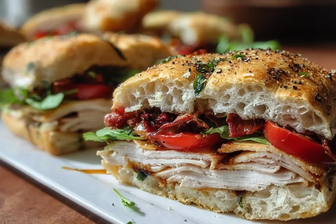 Italian Turkey Focaccia Sandwich loaded with turkey and fresh ingredients
