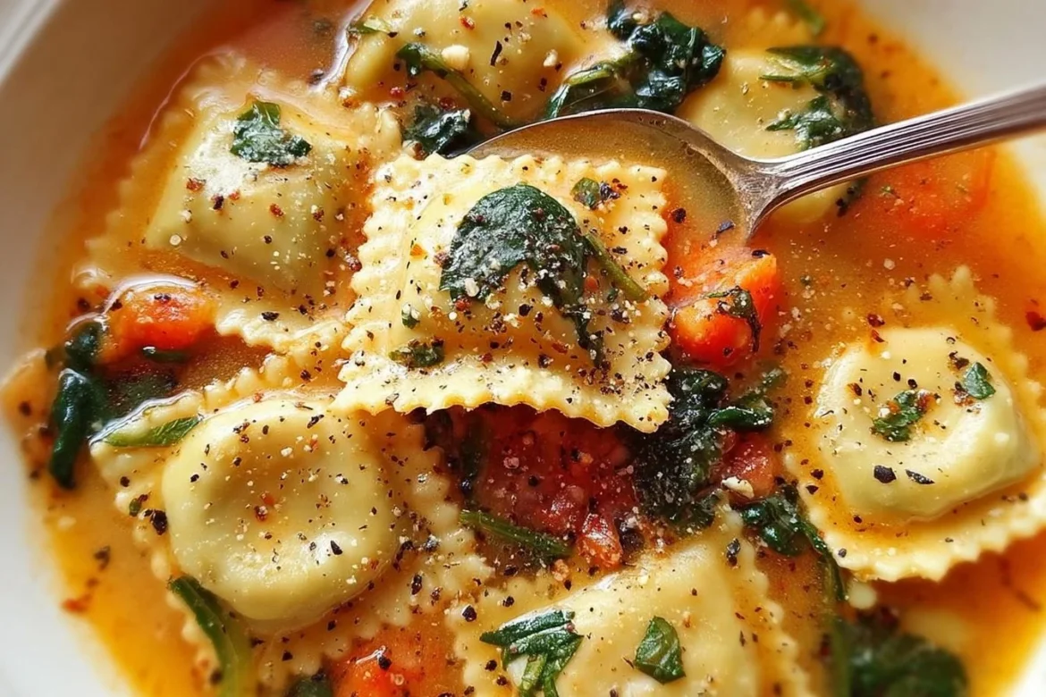 Bowl of Italian Tuscan Ravioli Soup with fresh herbs and a sprinkle of cheese