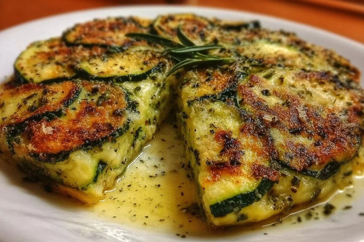 Delicious Italian Zucchini Scarpaccia served on a plate with fresh herbs.
