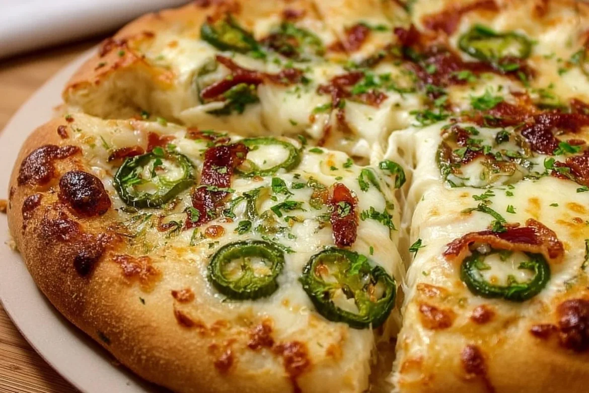 Delicious homemade Jalapeño Popper Pizza topped with cheese and jalapeños.