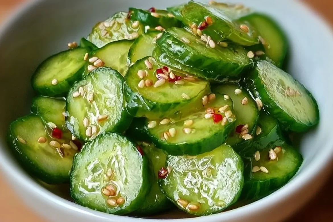 Japanese cucumber salad in a bowl with sesame seeds and dressing