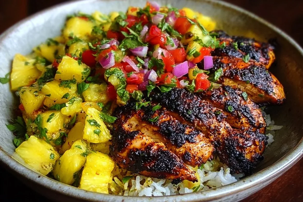 Delicious jerk chicken bowl with colorful pineapple salsa on top