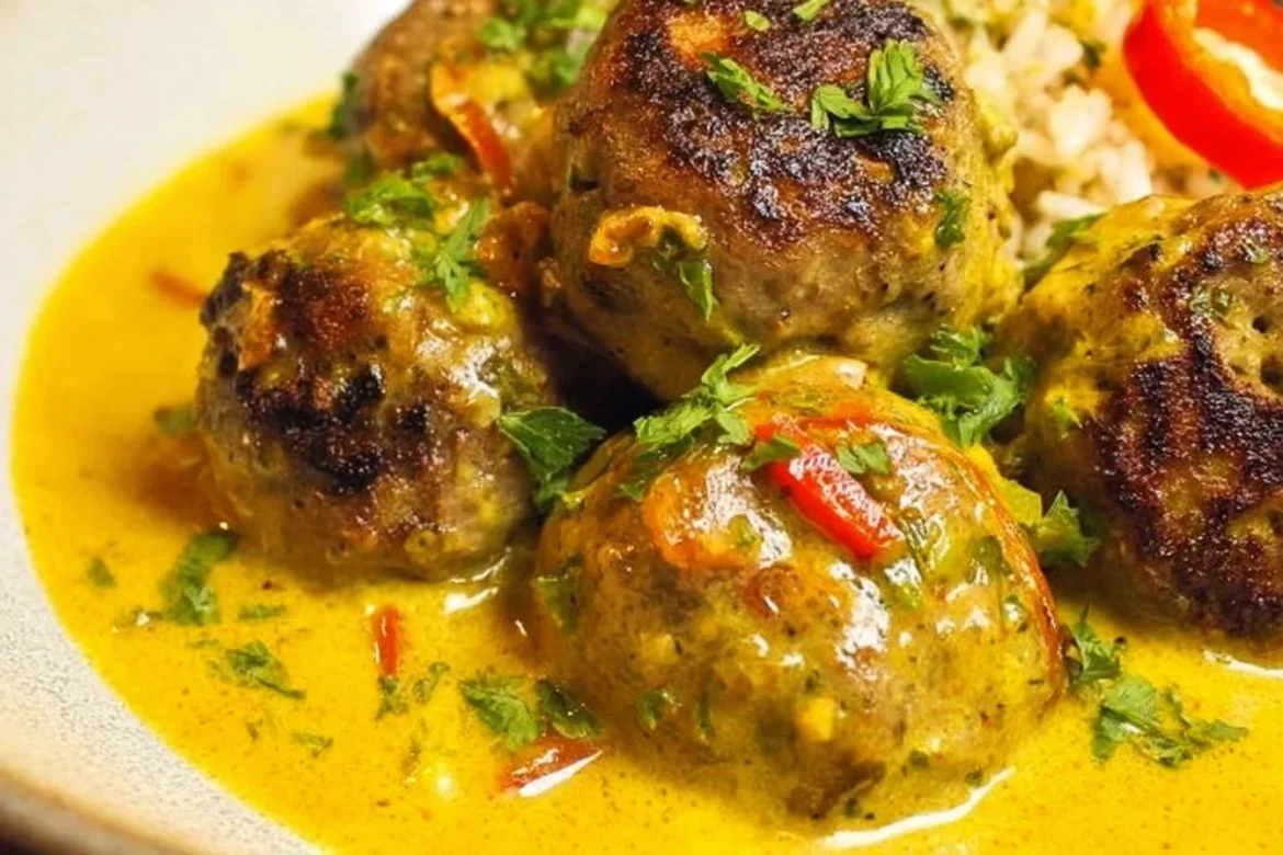 Delicious jerk meatballs simmered in creamy coconut curry sauce