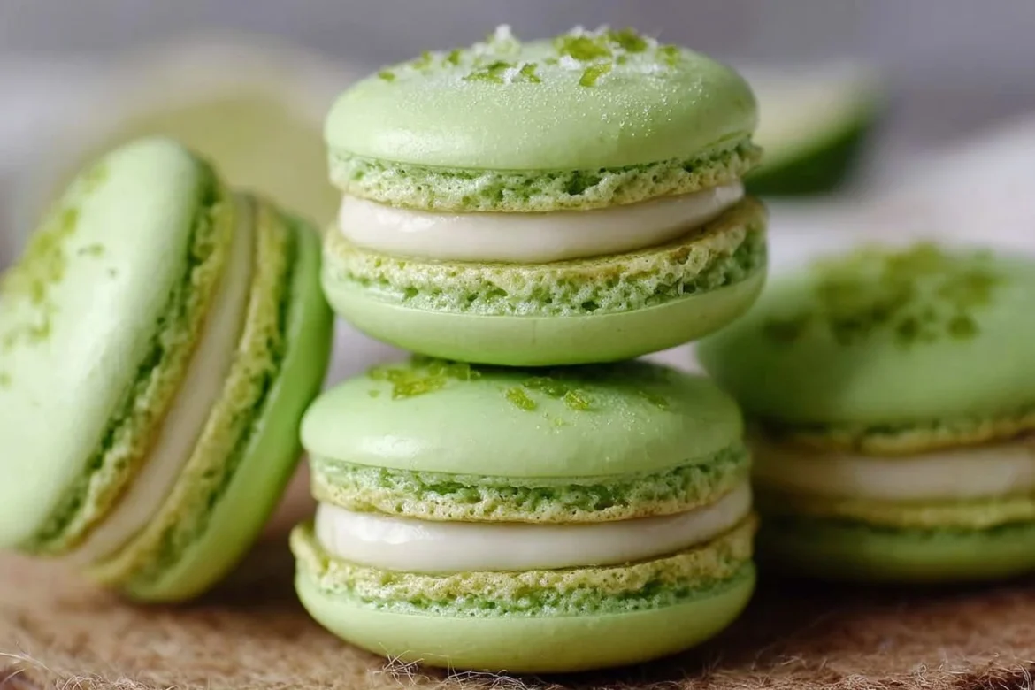 Delicious homemade Key Lime Macarons on a decorative plate