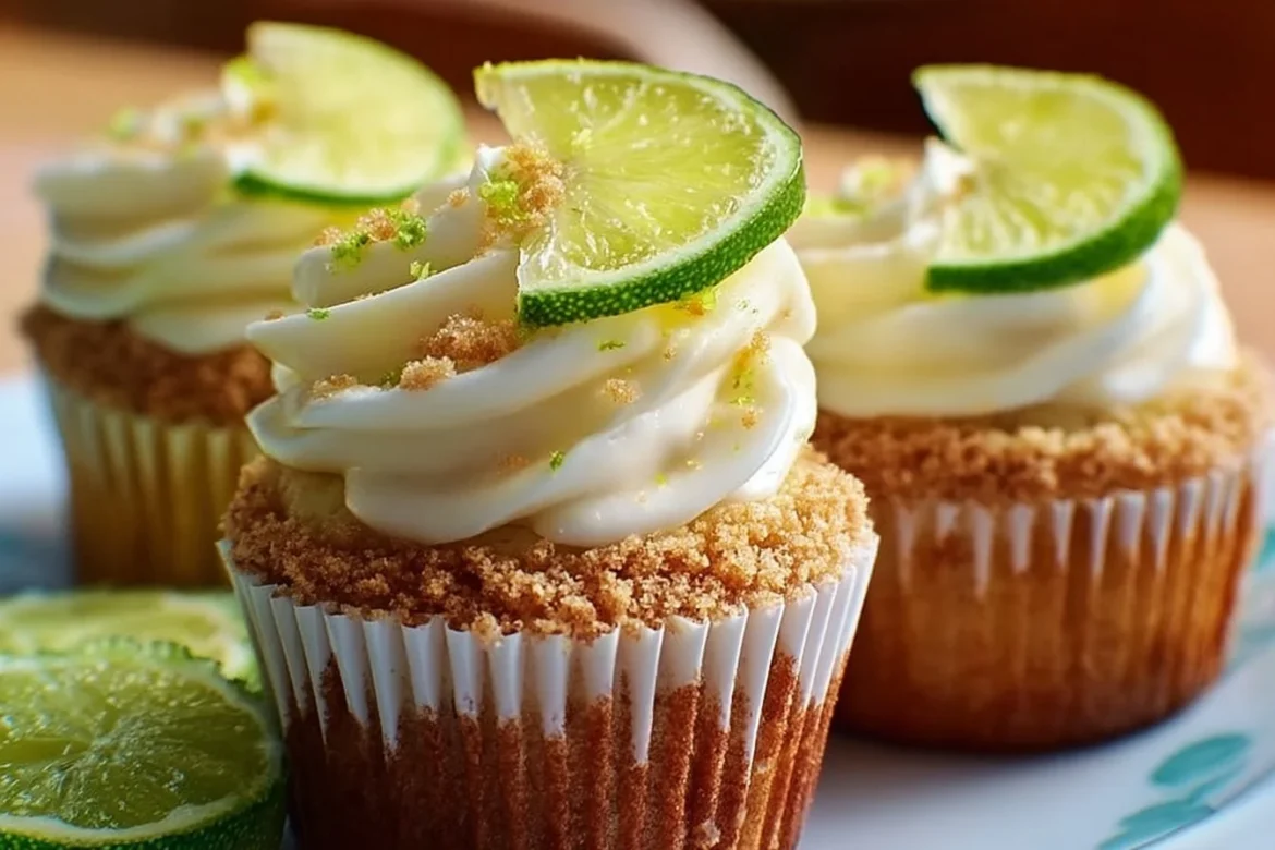 Delicious Key Lime Pie Cupcakes with lime frosting and graham cracker toppings