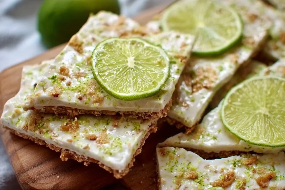 Key Lime Pie Yogurt Bark served on a plate with lime slices