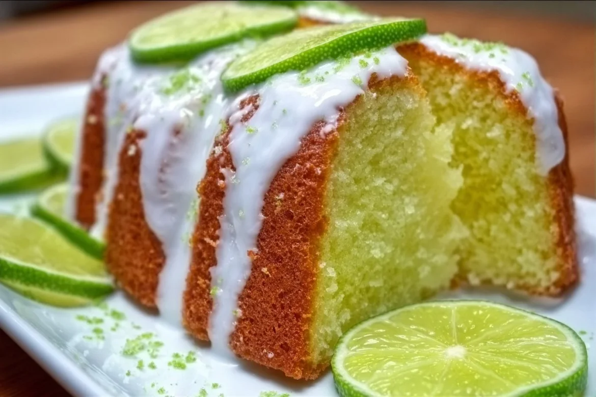 Slice of Key Lime Pound Cake with lime zest and icing on a white plate