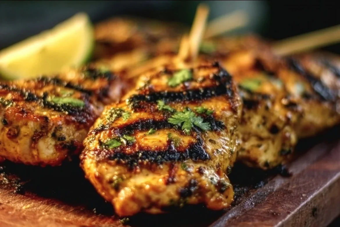 Juicy Key West grilled chicken garnished with fresh herbs and lemon slices