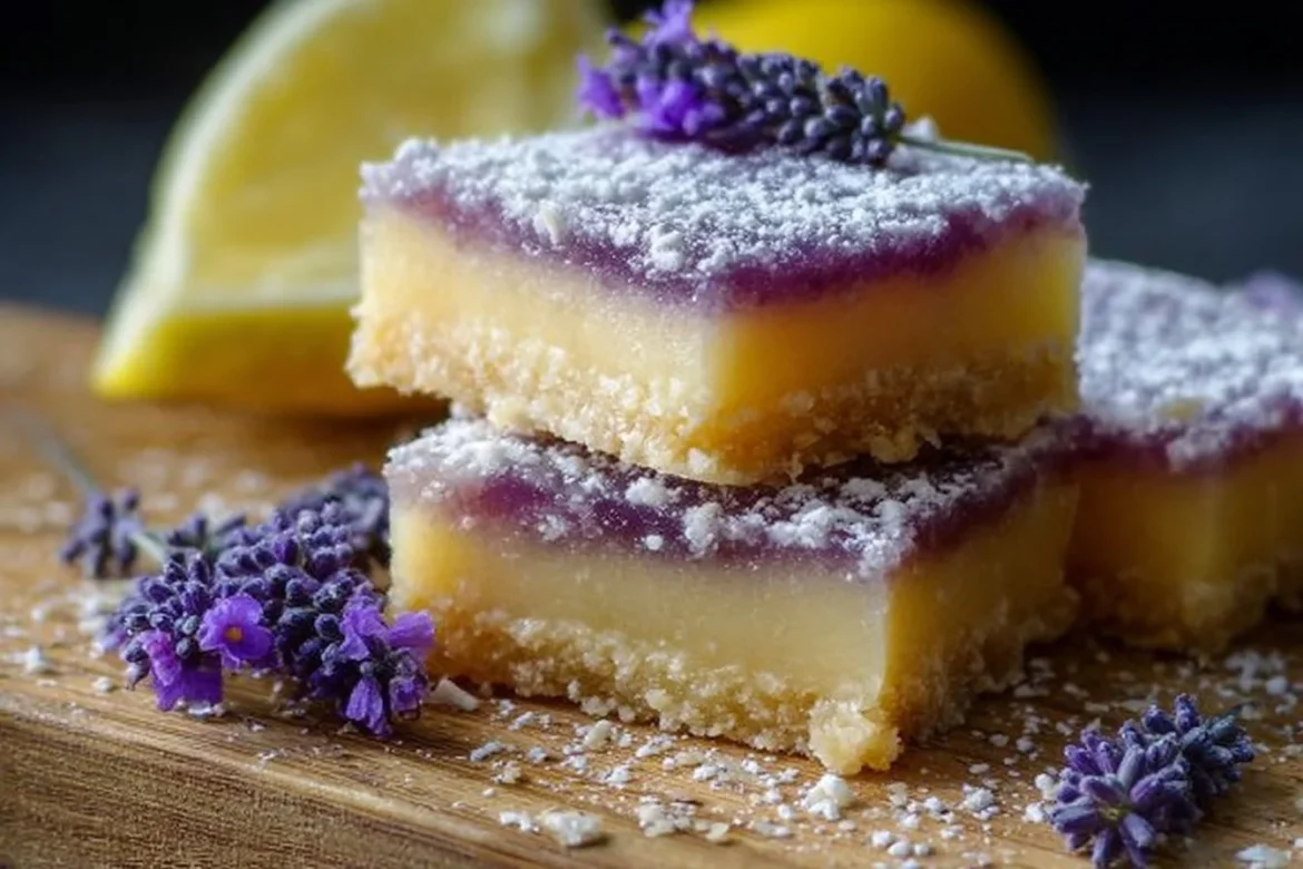 Lavender Lemon Bars on a plate with a slice cut out