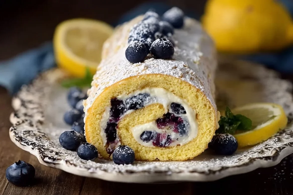 Lemon Blueberry Sponge Cake Roll topped with fresh blueberries and lemon zest