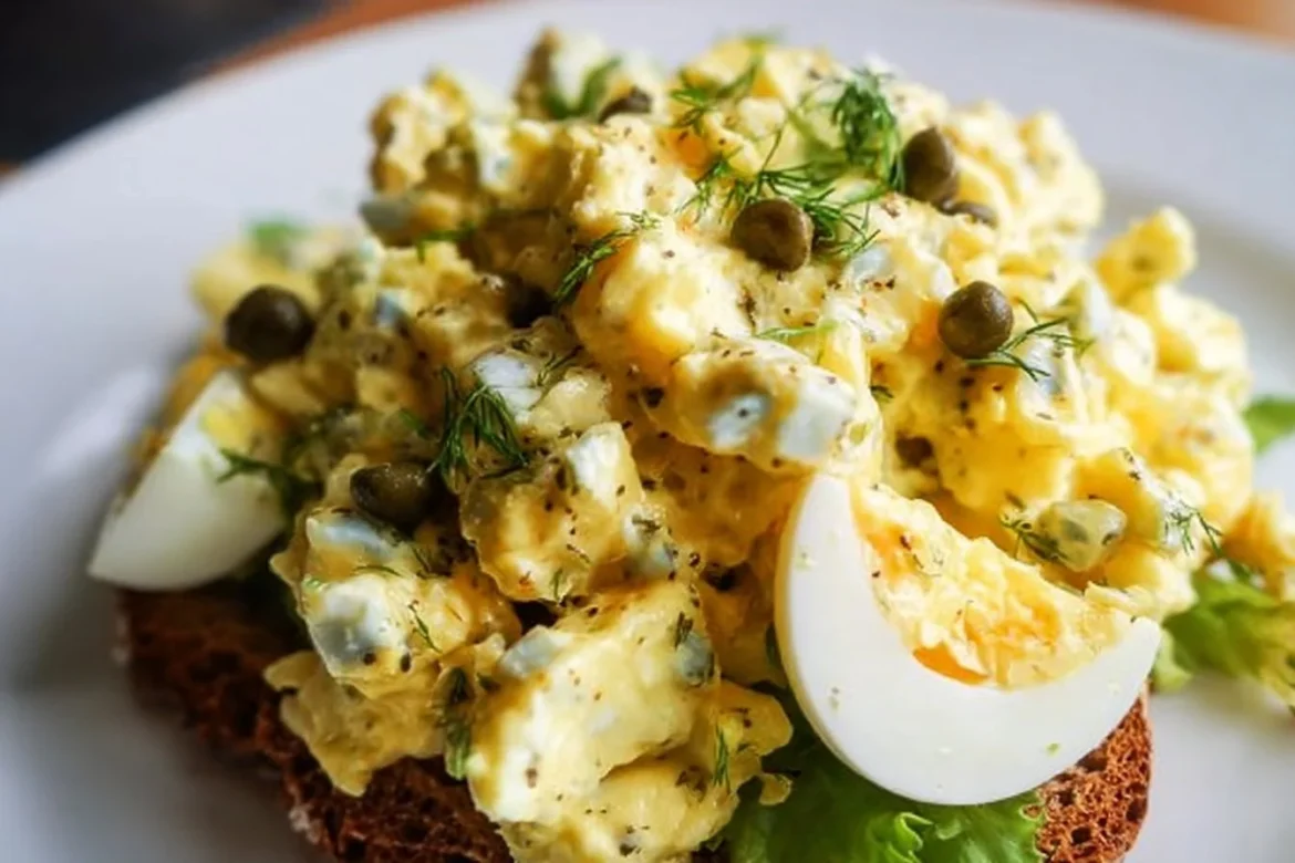 Lemon Caper Egg Salad served in a bowl with fresh herbs.