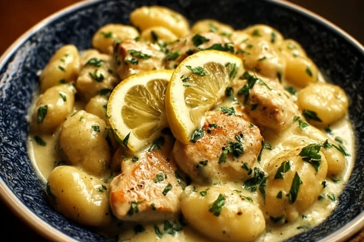 Creamy Lemon Chicken Gnocchi served in a bowl, garnished with herbs.