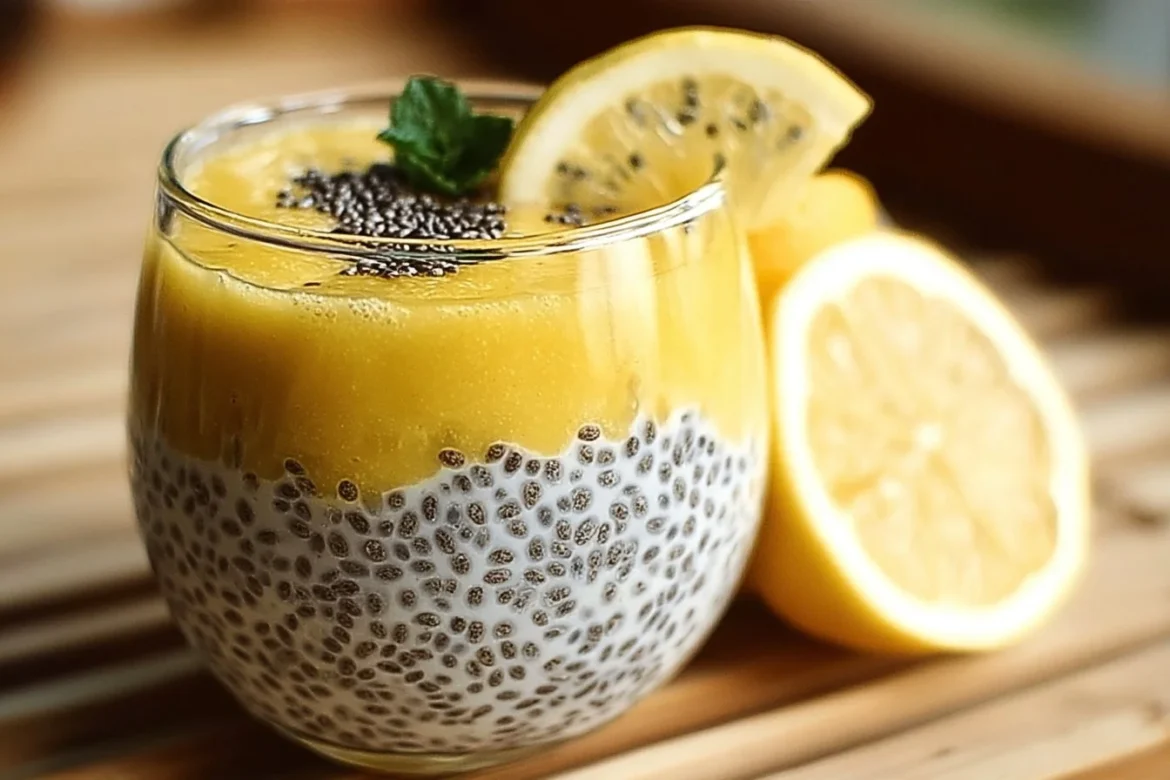 Bowl of lemon cream chia pudding topped with fresh fruit and mint leaves
