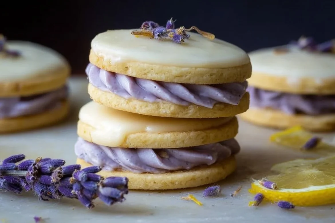 Lemon Lavender Sandwich Cookies with zesty lemon filling and lavender-infused cookies.