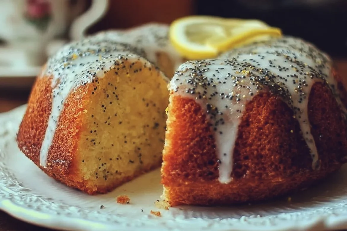 Slice of freshly baked lemon poppy seed cake with a lemon glaze