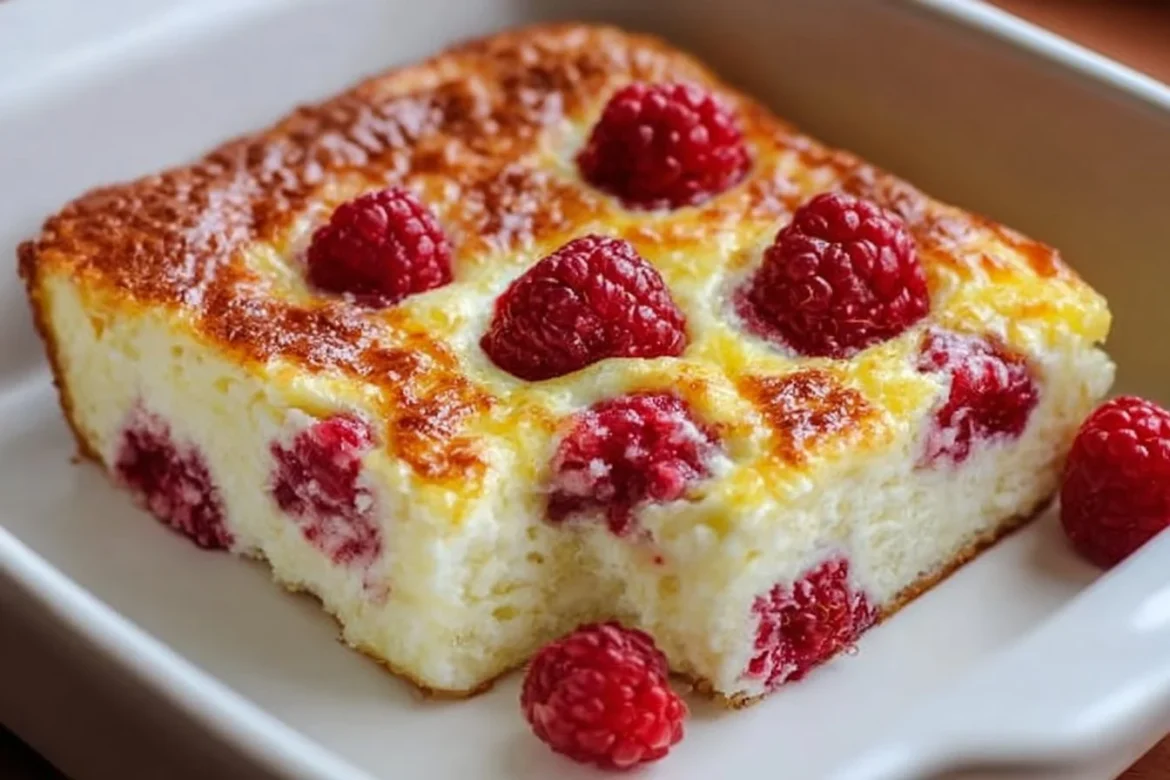 Lemon Raspberry Cottage Cheese Bake fresh out of the oven, a healthy dessert