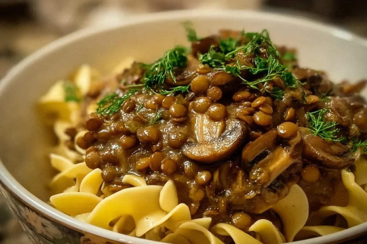 Bowl of creamy Lentil Mushroom Stroganoff garnished with fresh herbs