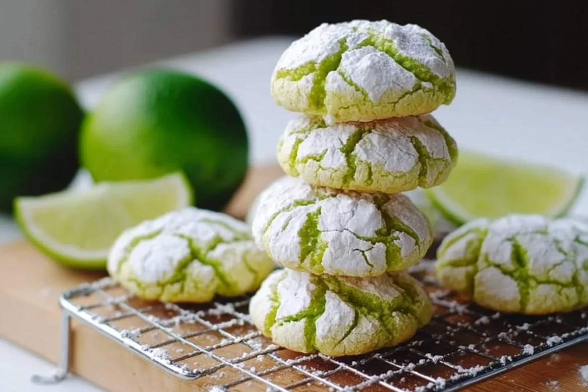 Freshly baked Lime Crinkle Cookies on a cooling rack with powdered sugar dusting.
